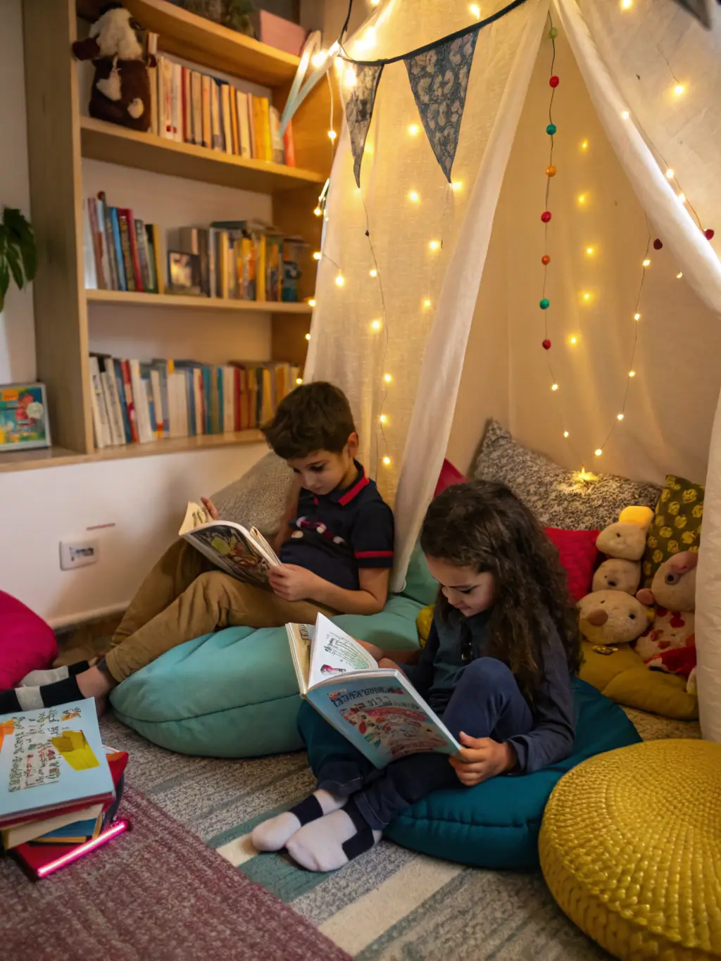 A group of children enthusiastically participating in a storytelling session at Ludothèque Bastia, with a facilitator reading aloud from a colorful picture book.