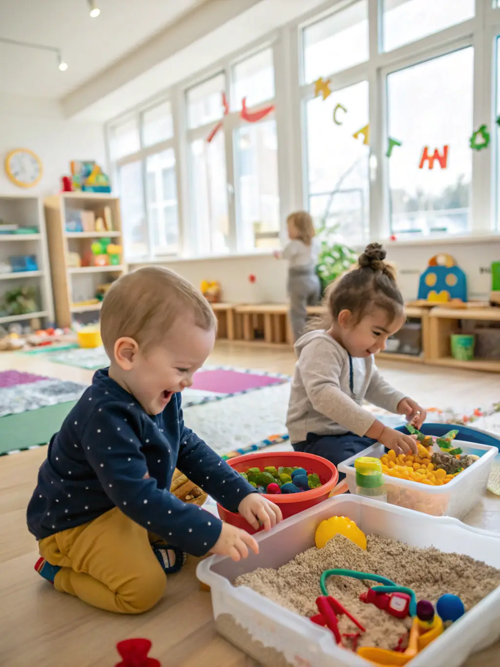 A group of toddlers and their parents participating in a sensory play activity at Ludothèque Bastia, exploring different textures and materials.