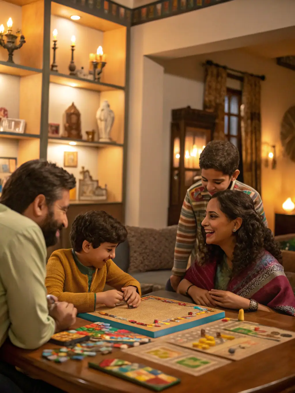 A family participating in a board game session, promoting strategic thinking, social interaction, and quality time together at Ludothèque Bastia.