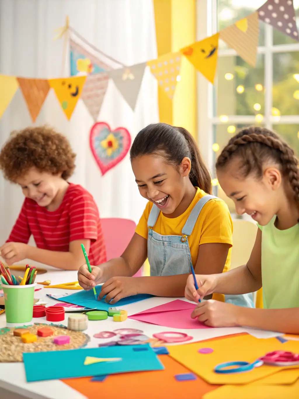 Children participating in an arts and crafts workshop, creating colorful masterpieces and expressing their individuality at Ludothèque Bastia.