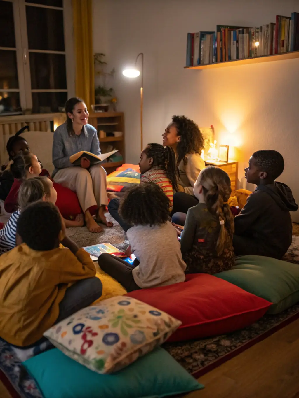 A facilitator guiding children through an interactive storytelling session, emphasizing imagination and language development at Ludothèque Bastia.