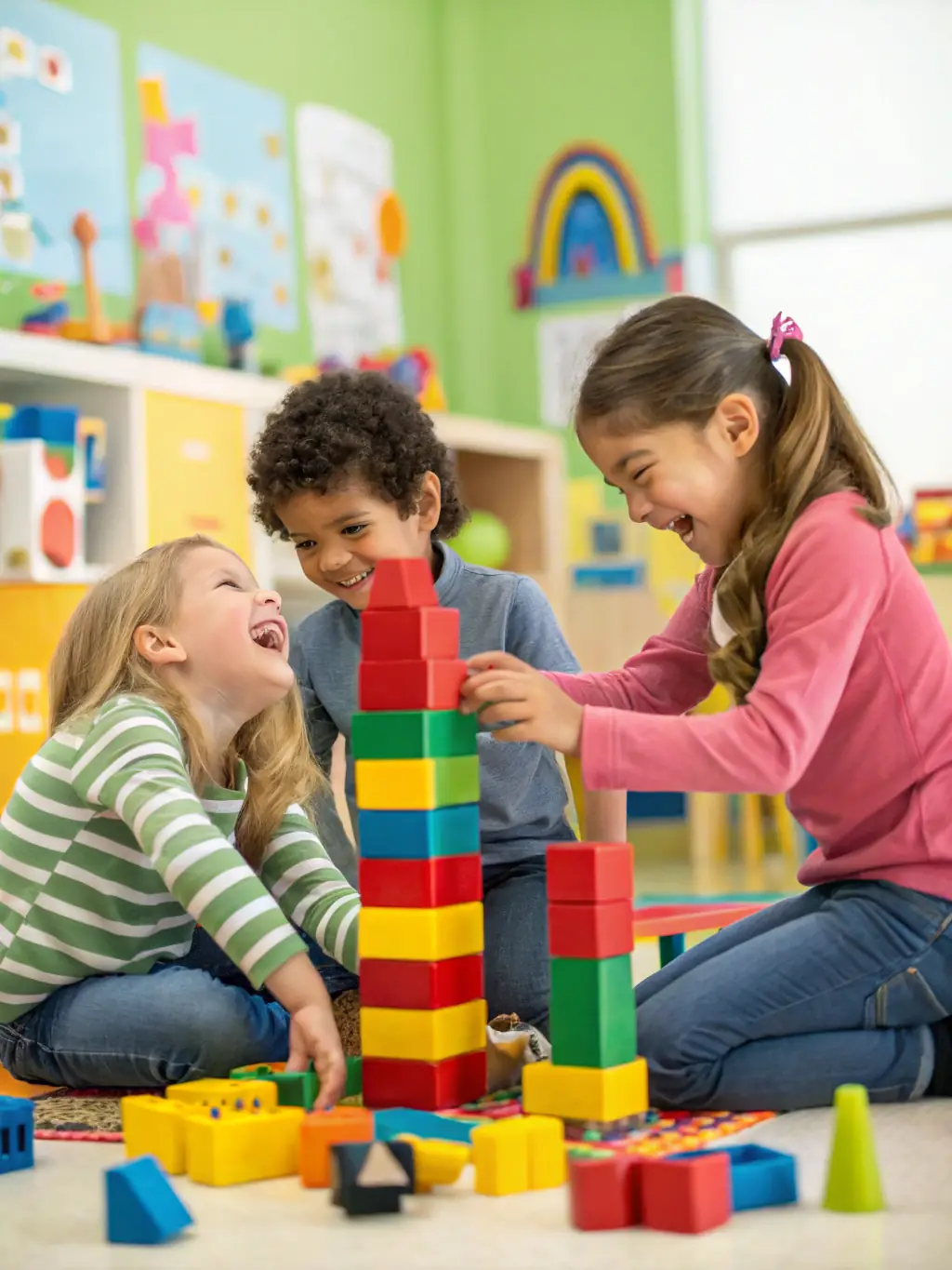 Children building a tall tower with colorful building blocks at Ludothèque Bastia, showcasing collaborative play and problem-solving skills.