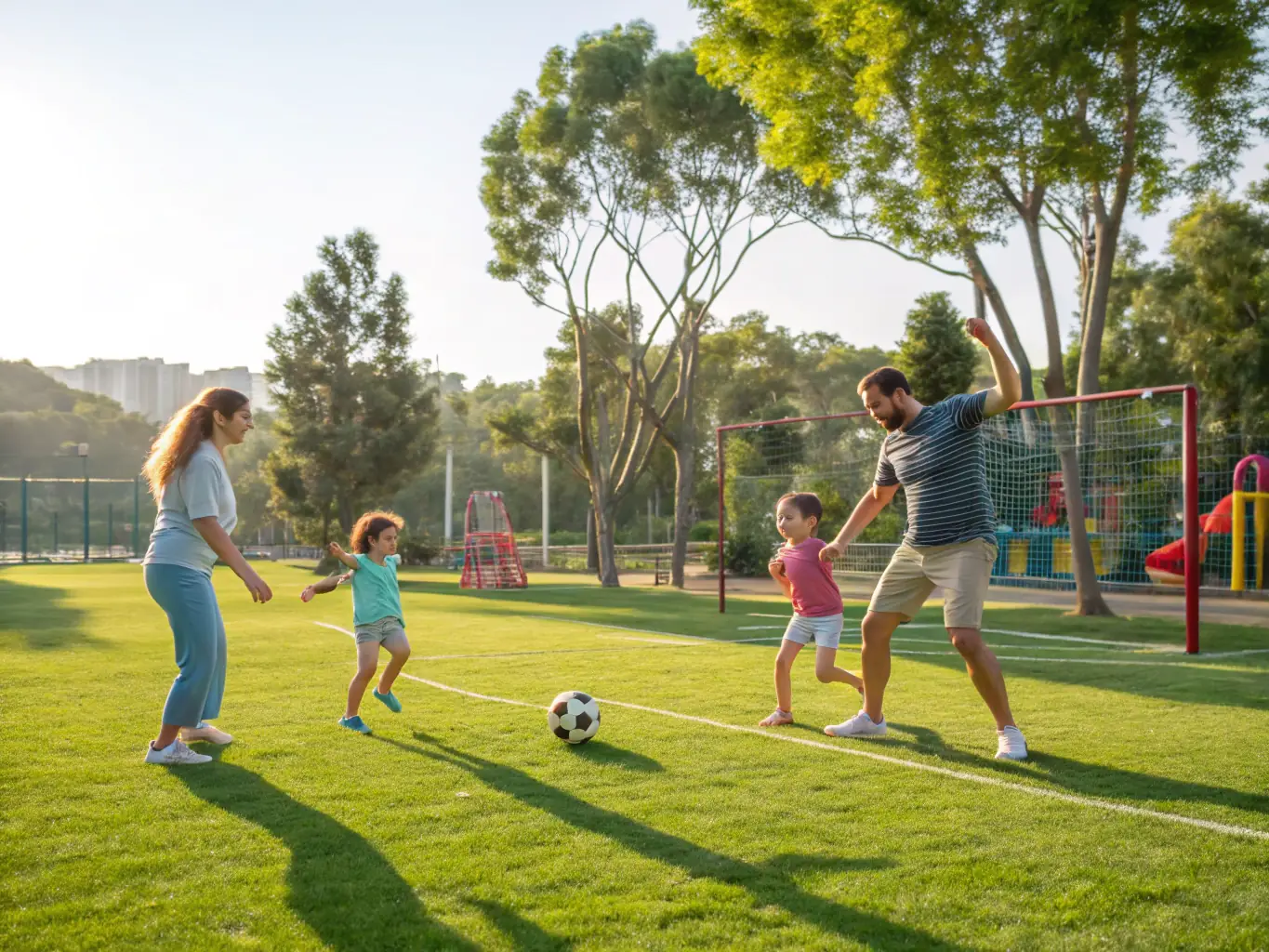 A family participating in a team sports activity, highlighting the family-friendly environment of SNEVENTS-FAMILY.