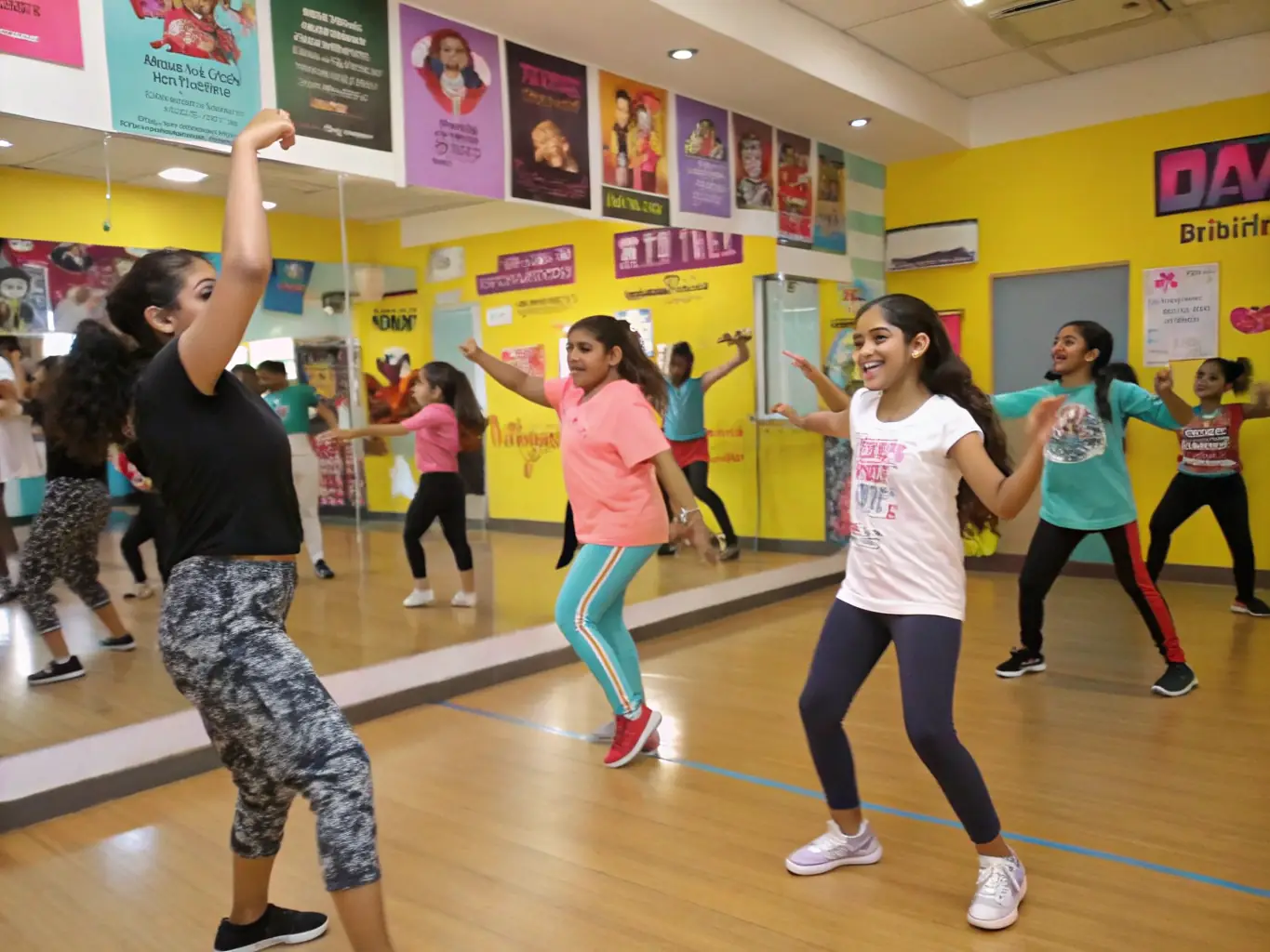 A group of children participating in a fun and energetic dance class at SNEVENTS-FAMILY, with a qualified instructor leading them through various dance moves in a brightly lit studio.