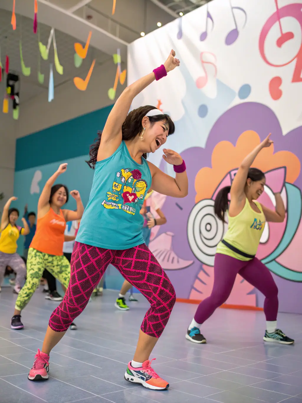 A dynamic shot of a group of people engaged in a high-energy Zumba class, led by an enthusiastic instructor, in a brightly lit studio at SNEVENTS-FAMILY.